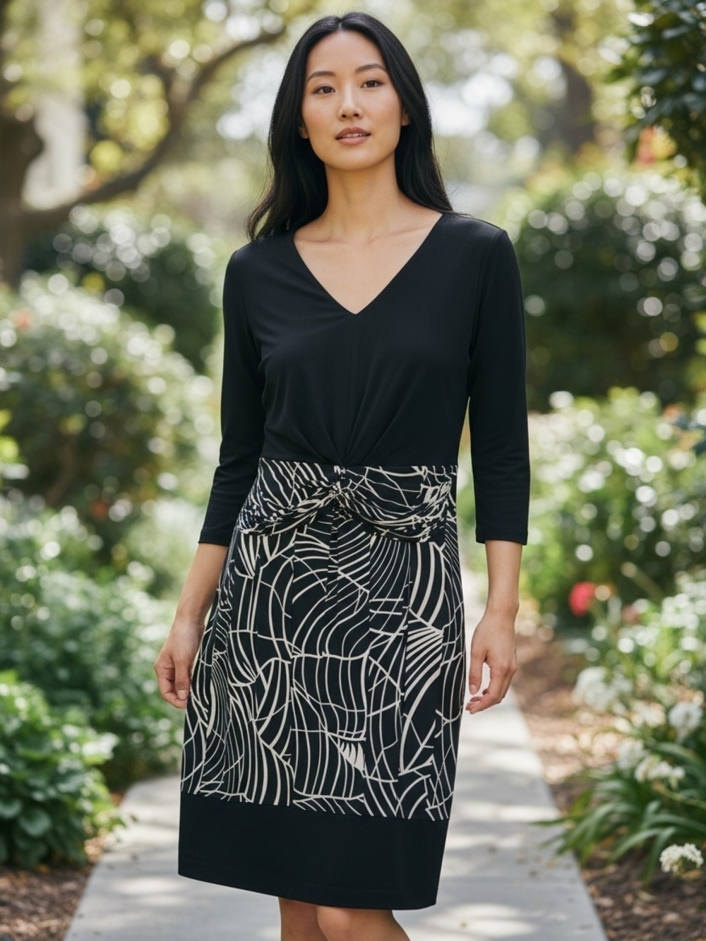 Danny & Nicole Black Midi Dress with Cream Abstract Skirt In EUC